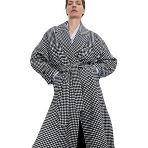 Zara Houndstooth Trench Coat Size M Wool Blend Black White Belted Knit P…